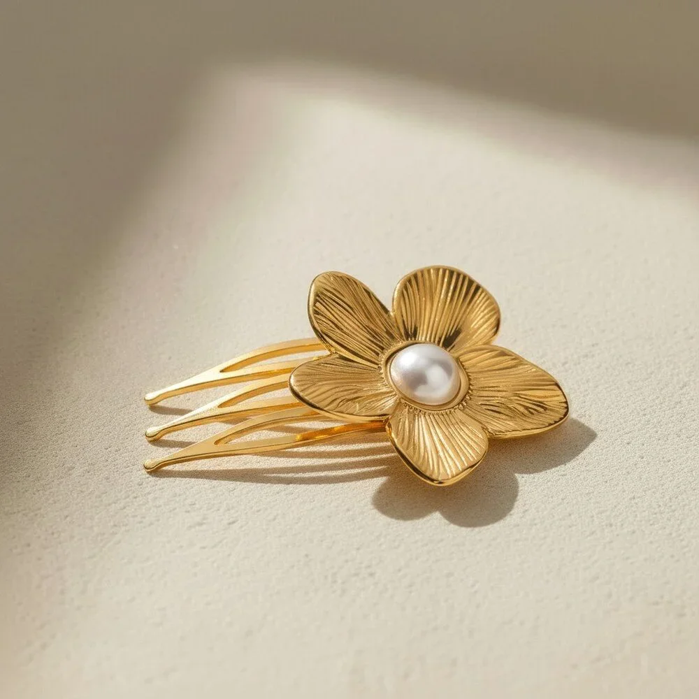 18K Gold Plated Stainless Steel Floral Hair Comb Barrette Pearl Statement Clip